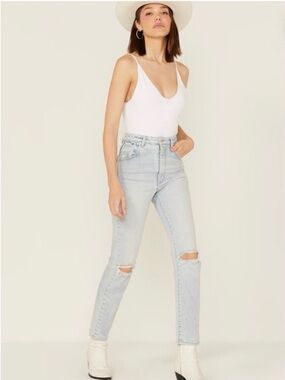 Rolla’s Light Wash High Rise Distressed Slim Dusters Straight Jeans Size 28